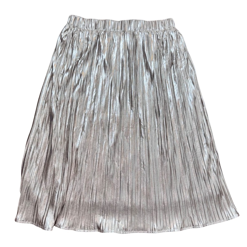 THML NWT Metallic Silver Pleated Midi Skirt Womens Size M Holiday‎ Party Lined - Picture 2 of 8